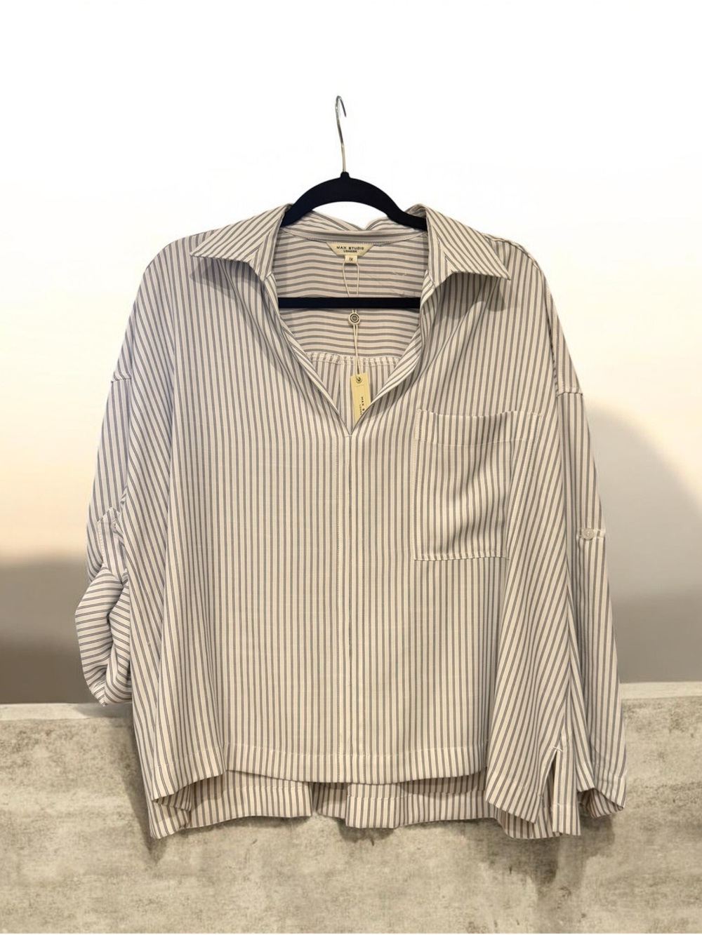 Max Studio London Striped V-Neck Relaxed Shirt - White/navy